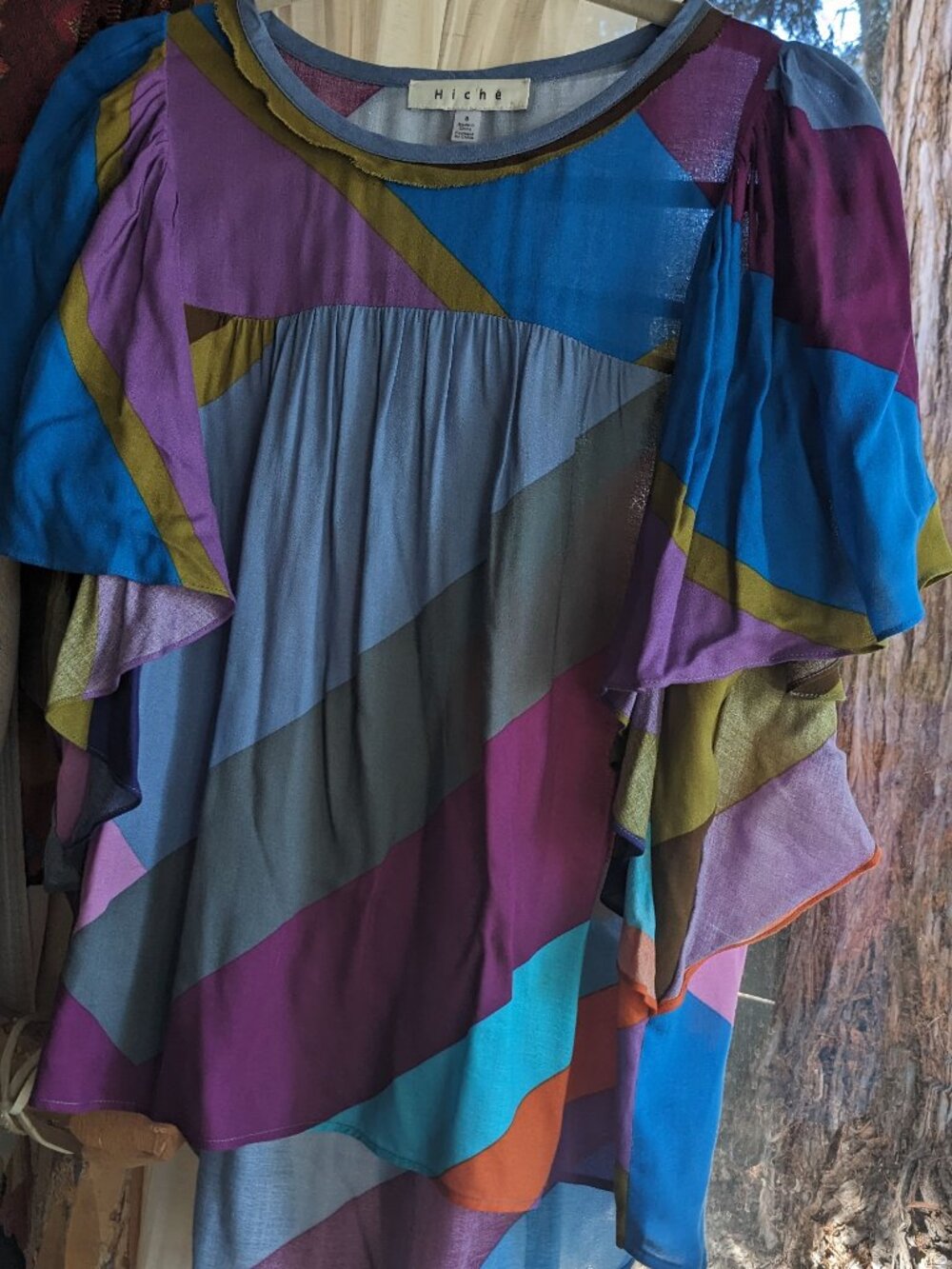 NWT HICHE Purple Multi Geo Bold Print 3/4 Flutter Sleeve Pullover Blouse Top S